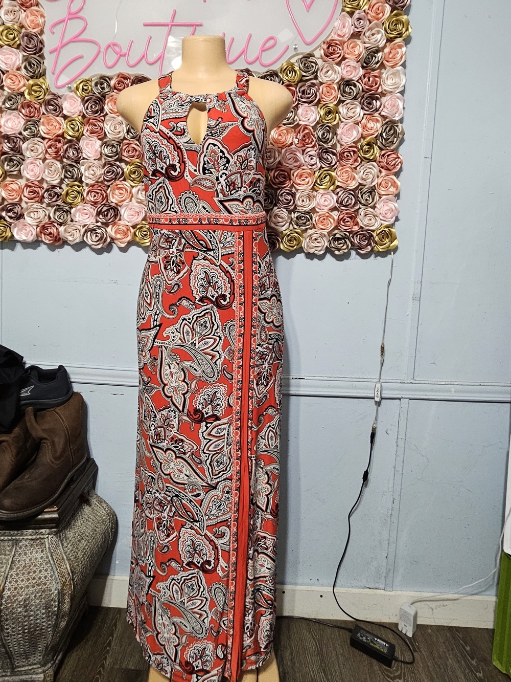 INC International Concepts Coral Paisley Halter Maxi Dress